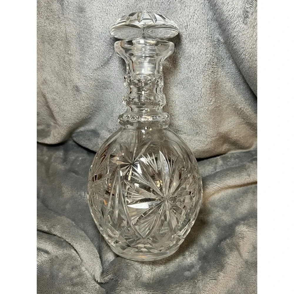 Vintage Cut Crystal Round Decanter w/ Starburst Design & Paneled‎ Stopper